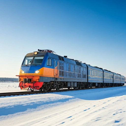 Trans-Siberian train passing through winter landscape